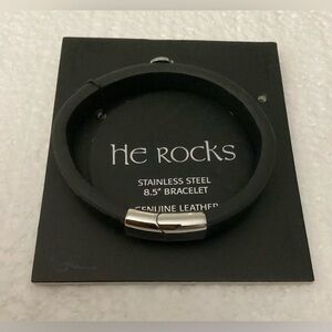 He Rocks Men's Black Genuine Leather Bracelet with Stainless Steel Clasp